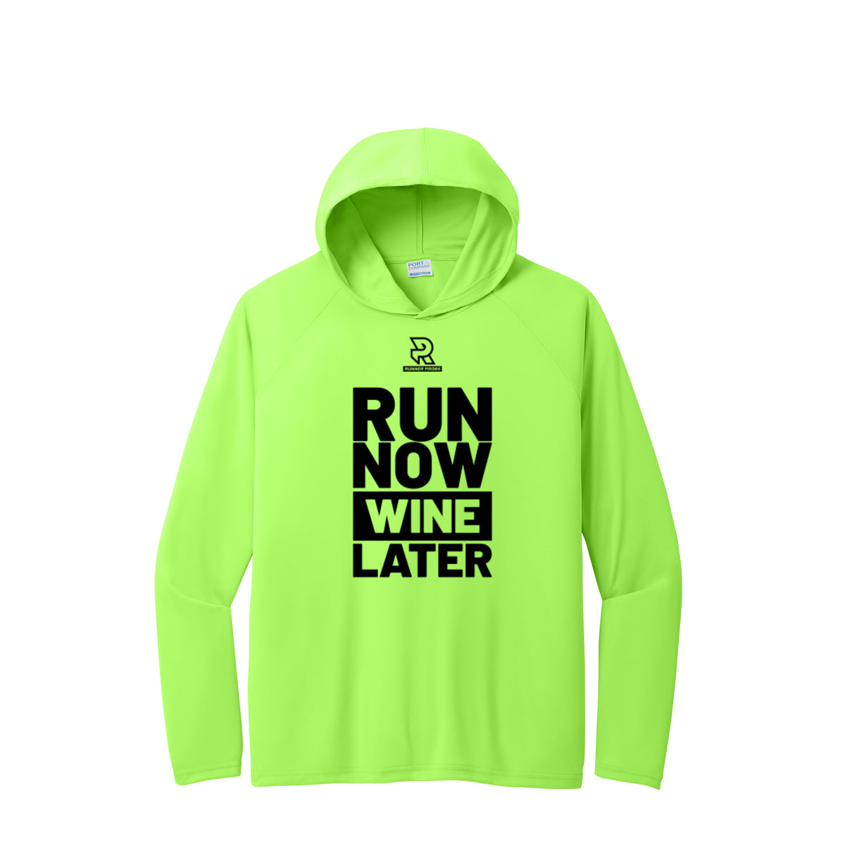 RUN NOW WINE LATER (Black) - Long Sleeve Hooded Performance Tee