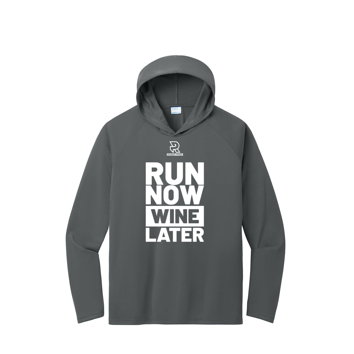 RUN NOW WINE LATER (White) - Long Sleeve Hooded Performance Tee