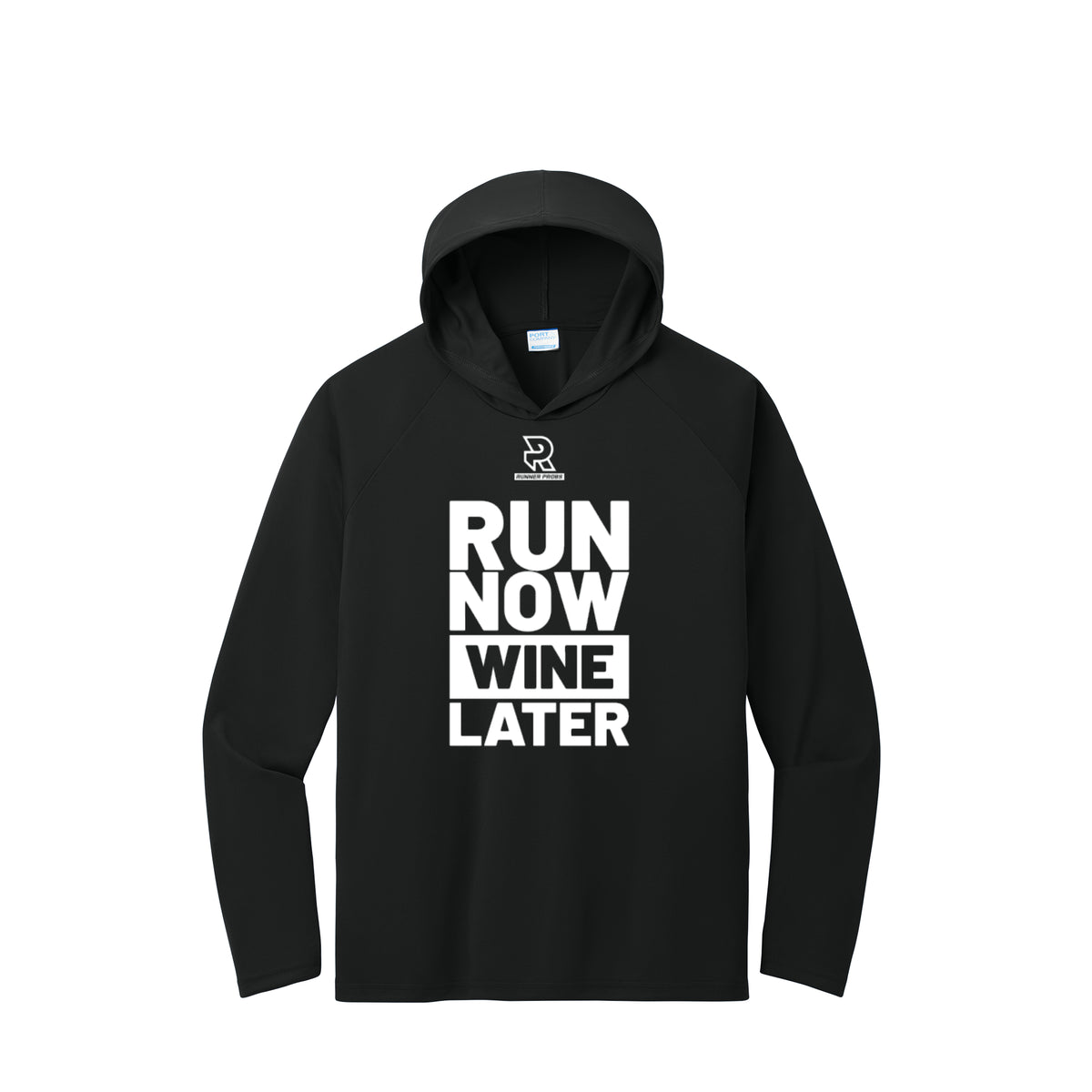 RUN NOW WINE LATER (White) - Long Sleeve Hooded Performance Tee
