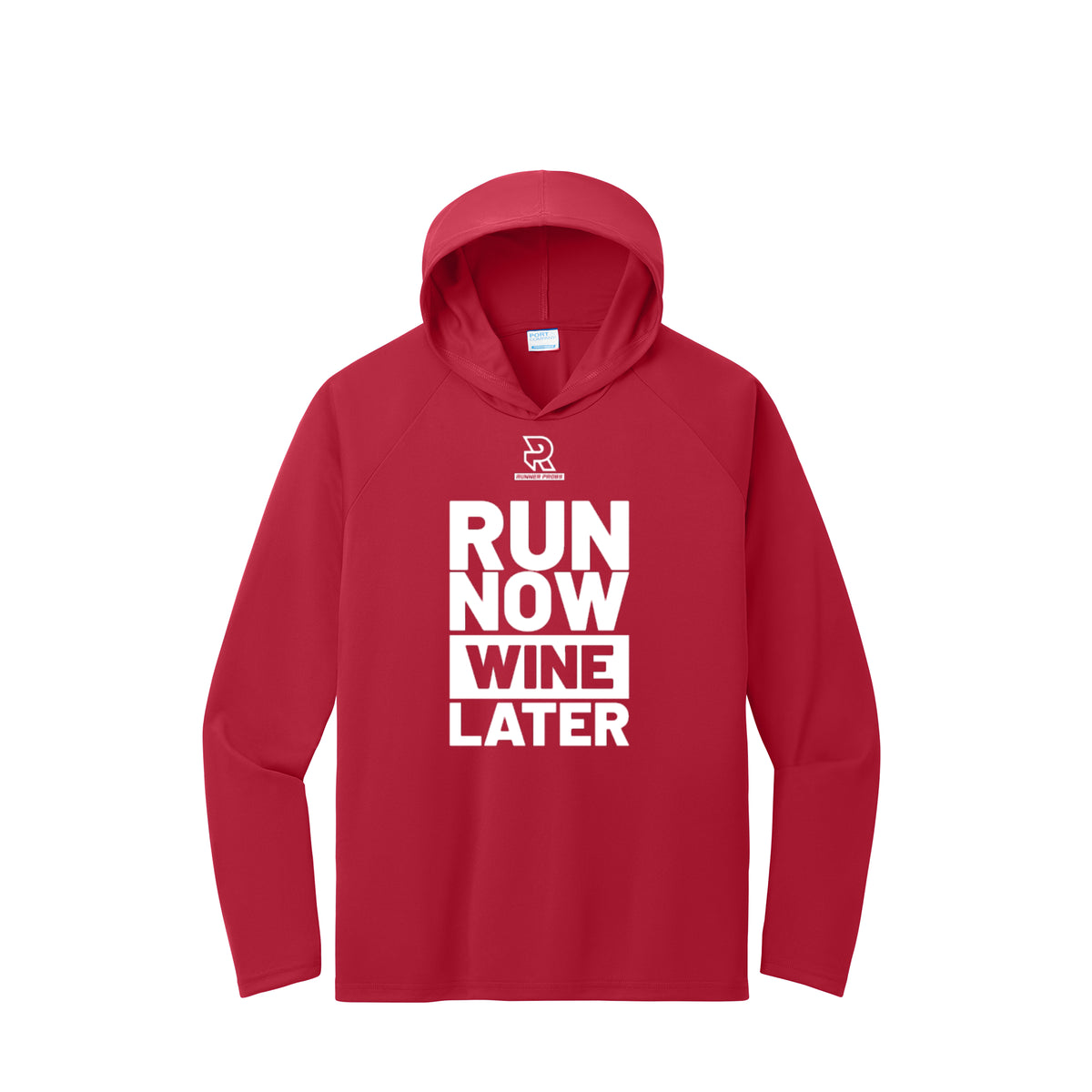 RUN NOW WINE LATER (White) - Long Sleeve Hooded Performance Tee