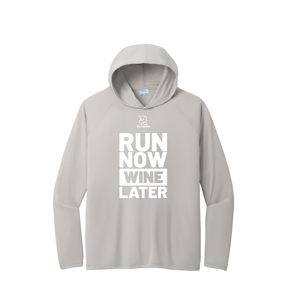 RUN NOW WINE LATER (White) - Long Sleeve Hooded Performance Tee