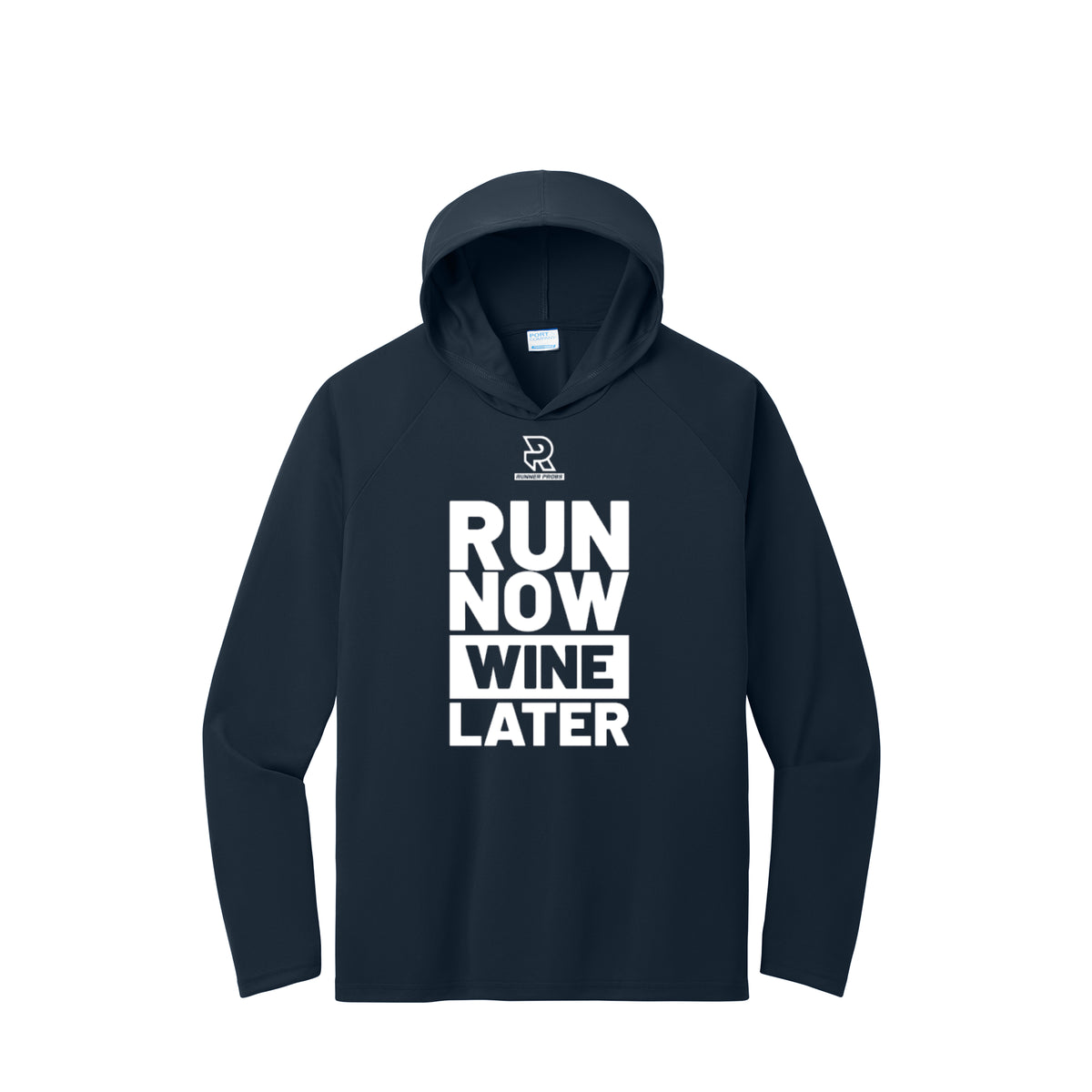 RUN NOW WINE LATER (White) - Long Sleeve Hooded Performance Tee