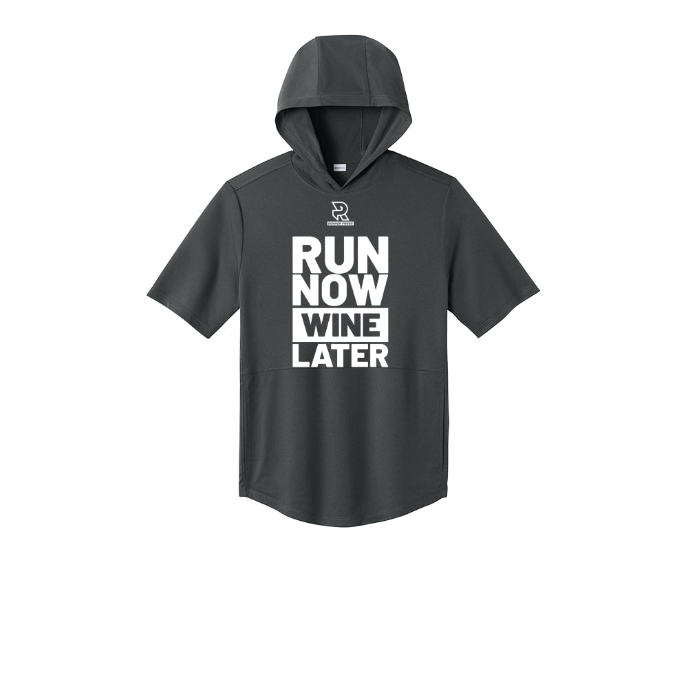 RUN NOW WINE LATER (White) - Short Sleeve Performance Hoodie