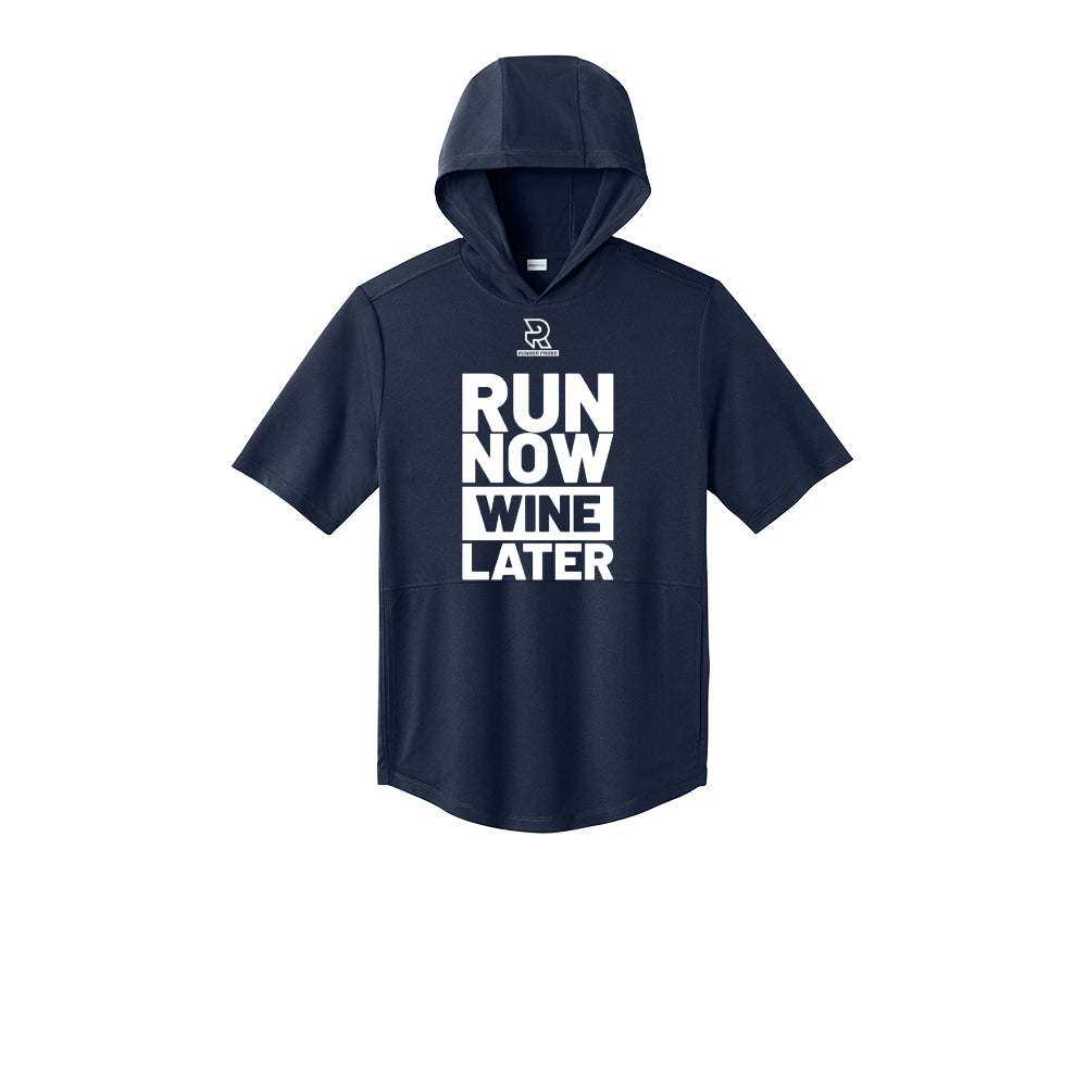 RUN NOW WINE LATER (White) - Short Sleeve Performance Hoodie