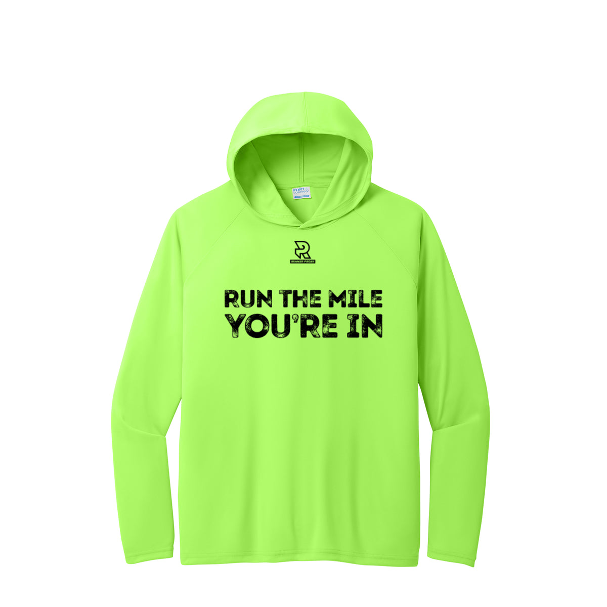 RUN THE MILE YOU'RE IN (Black) - Long Sleeve Hooded Performance Tee