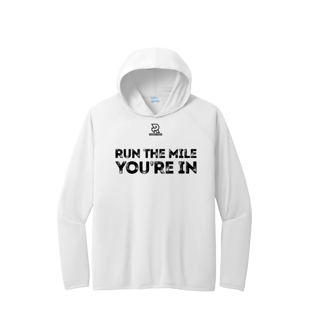 RUN THE MILE YOU'RE IN (Black) - Long Sleeve Hooded Performance Tee